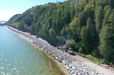 Asphalt paving aerial view on Machinac Island